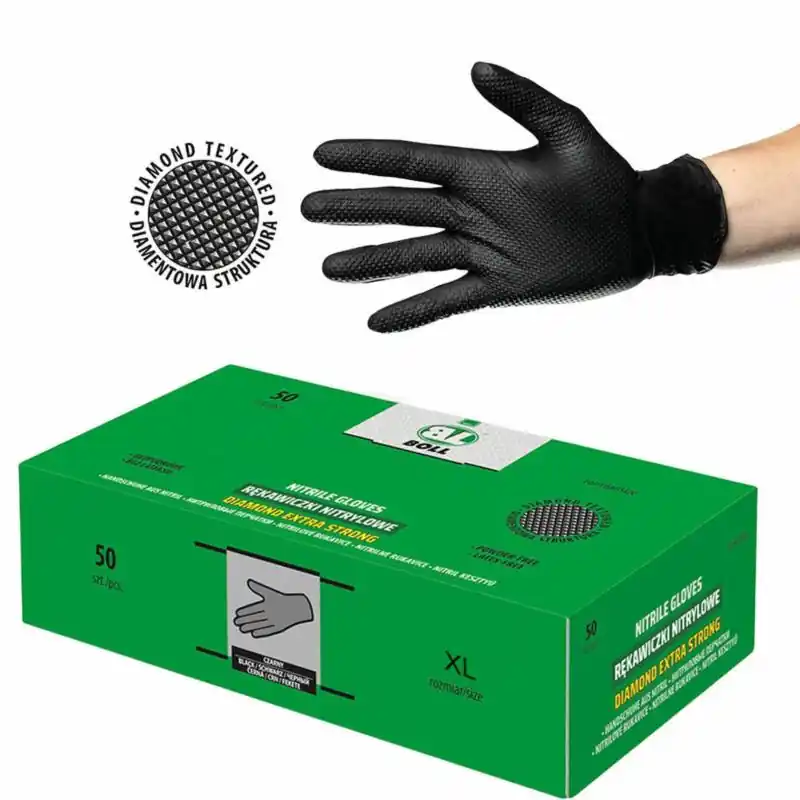 Nie przegap - BOLL Rękawice nitrylowe DIAMOND XL 50szt. – Czarne wzmocnione