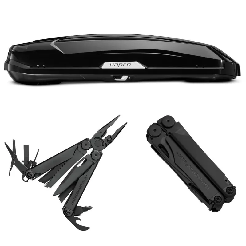 Cena promocyjna - Zestaw Box dachowy Hapro Trivor 640 czarny połysk + Multitool Leatherman Wave Plus 832526